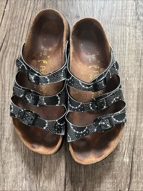 Papillio by Birkenstock Black Triple-Strap Slides with White flower print